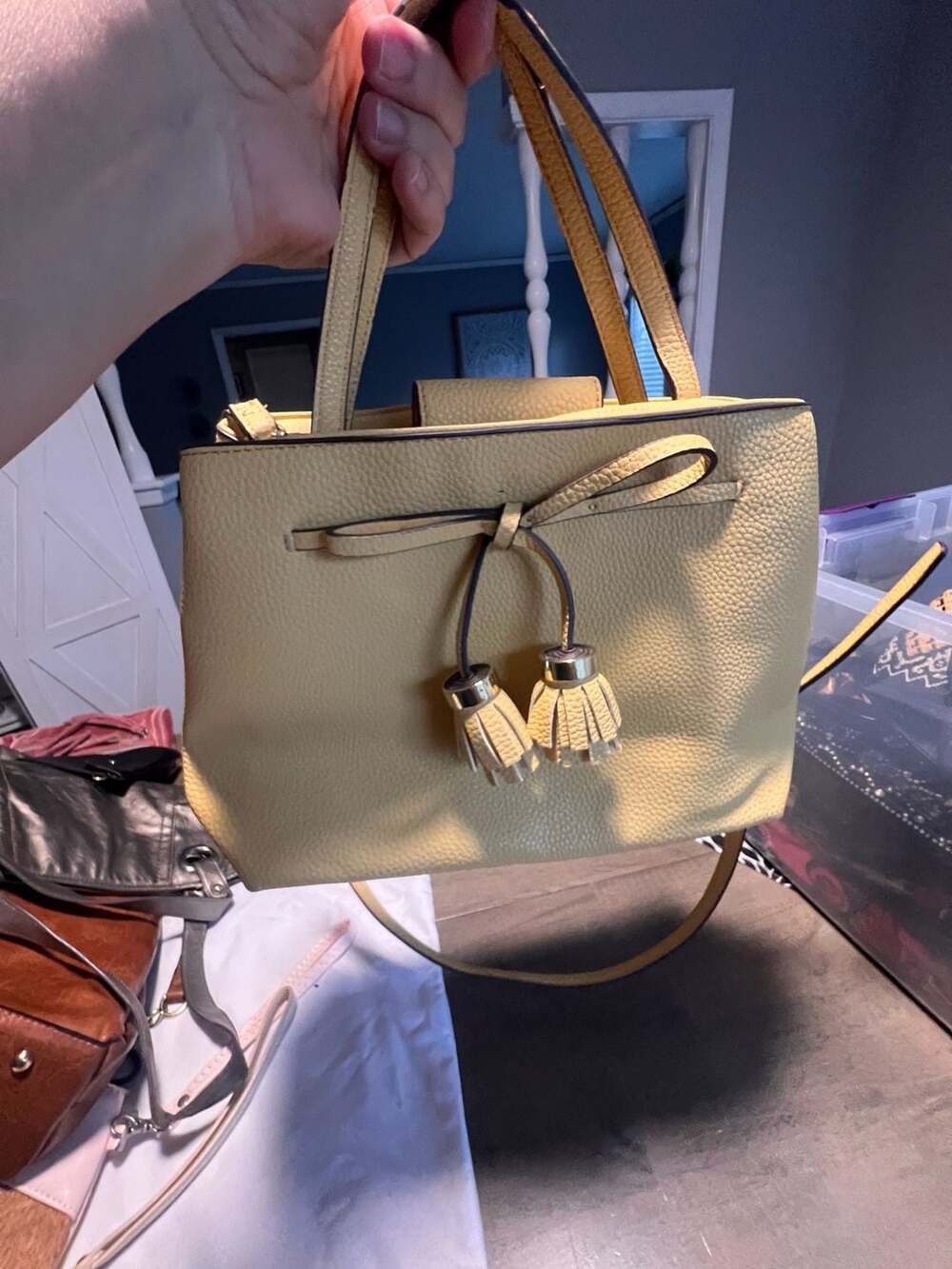 Liz Claiborne Yellow Pebble Leather Satchel with Bow and Tassel Details